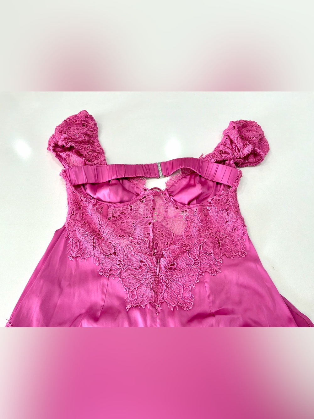 For Love & Lemons Casey Maxi Dress Pink Satin Lace Open Back Side Slit Women's M - Picture 7 of 9